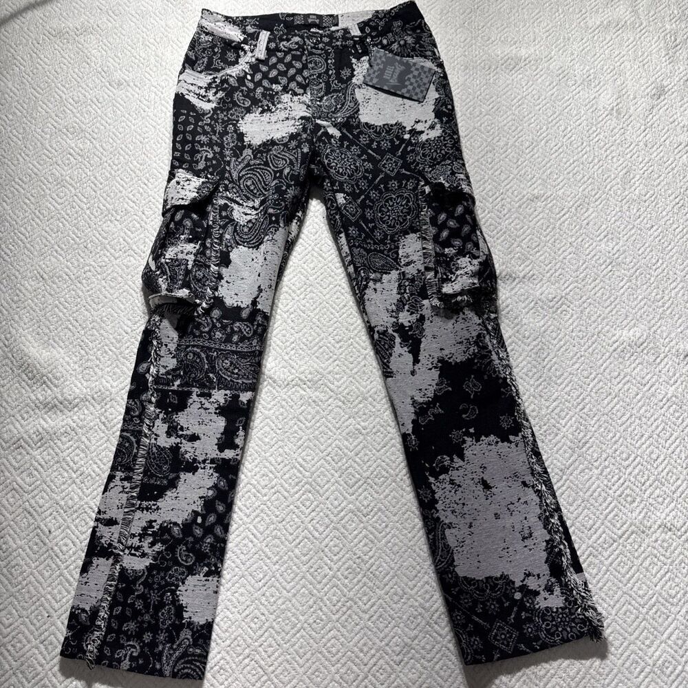 NWOT Rebel Vengeance Jeans Size 30 Black Wash Rock Punk Cargo Distressed Paisley
